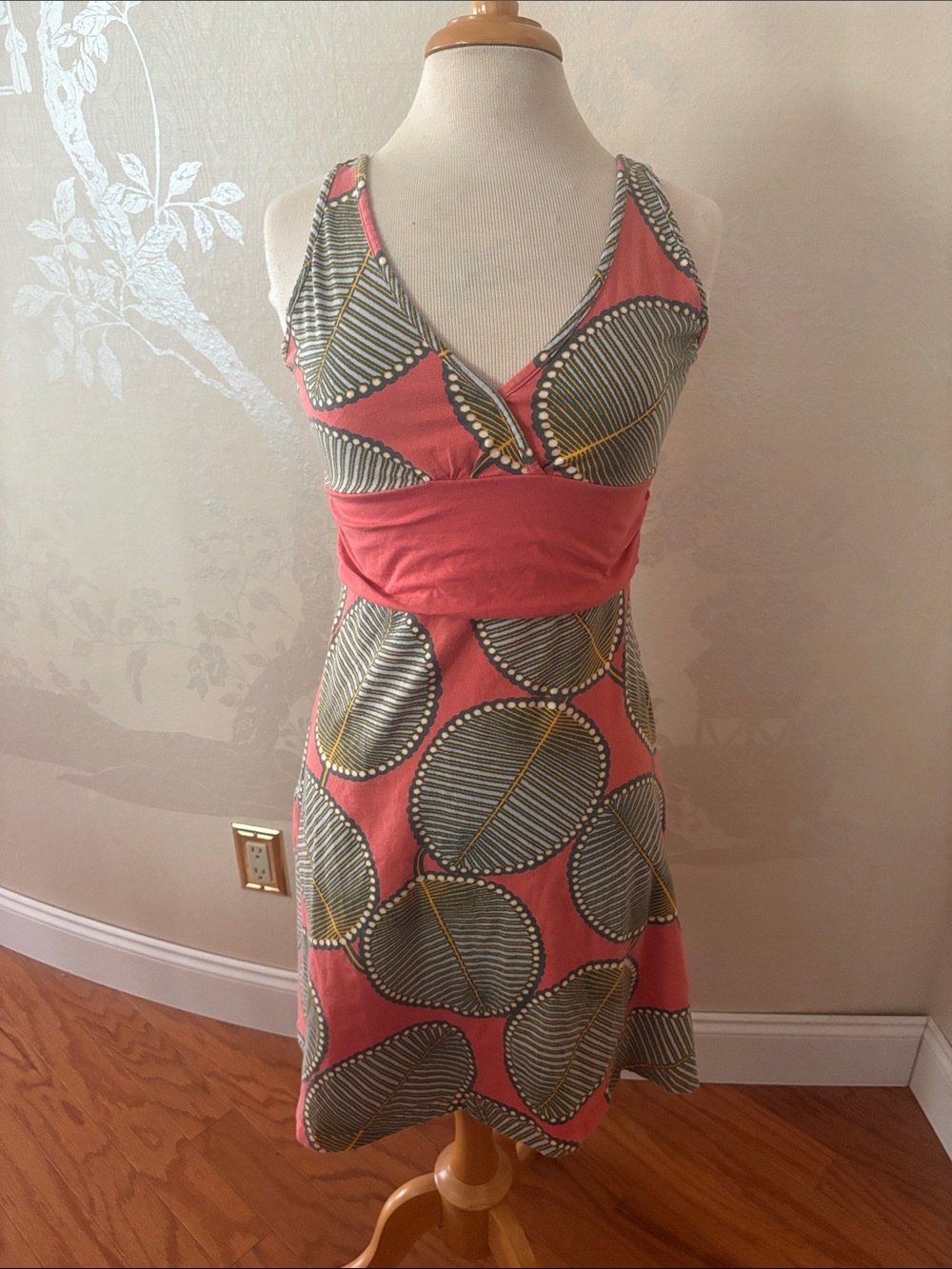 Patagonia Coral and Olive Leaf-Print V-Neck Dress